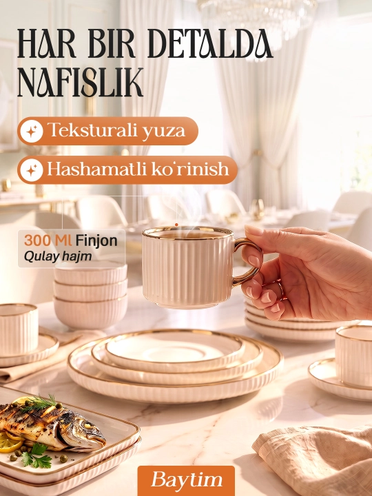 Idishlar to'plami Baytim, chinni oshxona idishlari, 6 kishilik, 32 ta buyum