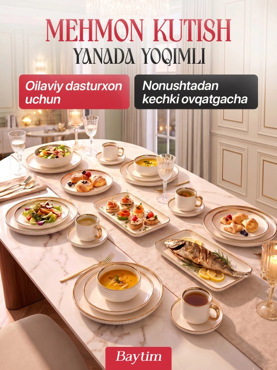 Idishlar to'plami Baytim, chinni oshxona idishlari, 6 kishilik, 32 ta buyum