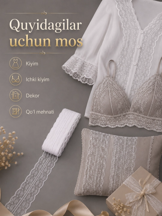Kiyim-kechak va bezak uchun paxta va sintetik to‘r tasma, 5 m
