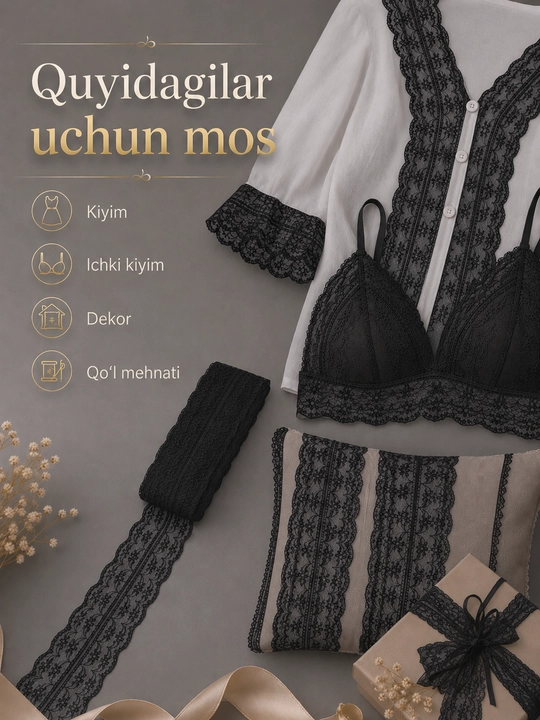 Kiyim-kechak va bezak uchun paxta va sintetik to‘r tasma, 5 m