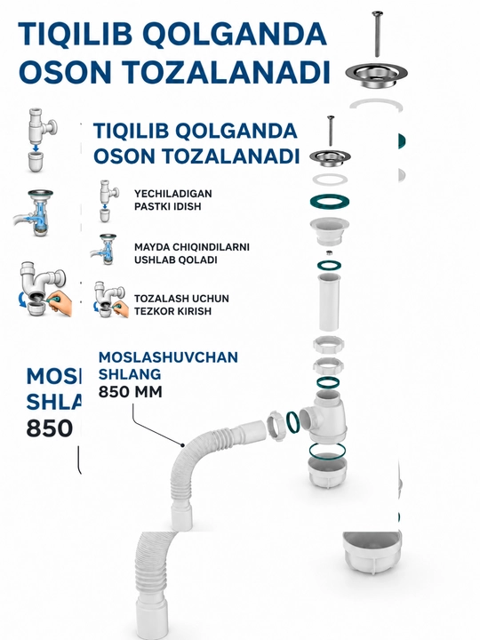 Rakovina sifoni, lavabo sifoni, egiluvchan sifon, oqova quvuri, drenaj sifoni, sifon