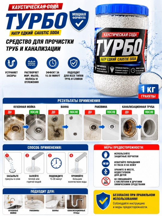 TURBO Kaustik Soda (Natriy Gidroksid) – Quvurlarni Tozalash Vositasi