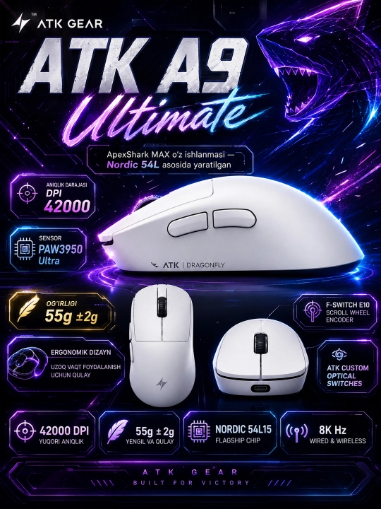 ATK Dragonfly A9 Ultimate simsiz geymer sichqonchasi, 8000 Hz, PAW3950 Ultra