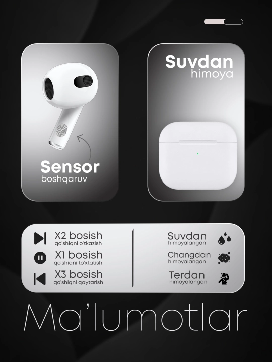 Simsiz quloqchinlar Pods Pro 3 sensorli, iPhone va Android uchun bluetooth