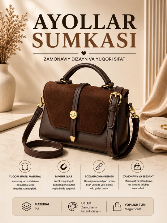 Eko-charmdan tikilgan ayollar sumkasi - zamonaviy kross-bodi modeli - 