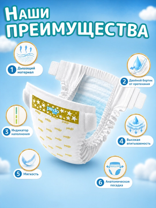 Predo Baby детские подгузники на липучках – мягкие, гипоаллергенные, размеры 1-6