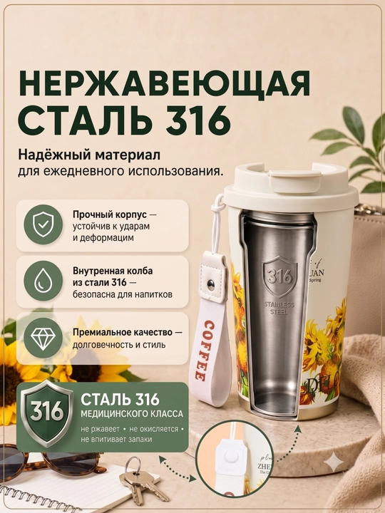 Kofe va choy uchun zanglamaydigan po‘latdan yasalgan 316 s termokranka (jo‘mrakli), 500 ml