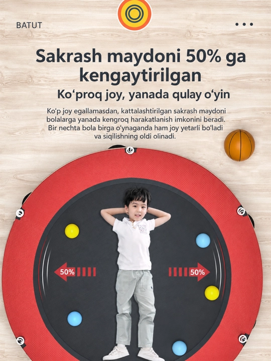 Himoya to‘ri, yuviladigan to‘r va yumshoq himoya bilan jihozlangan bolalar batuti