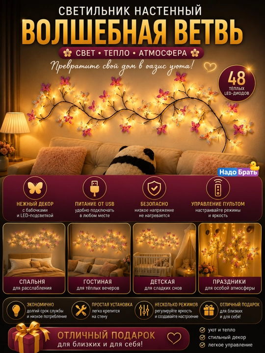 Devor chirog‘i "Gulliy shaftoli novdasi", 96 LED, egiluvchan, USB