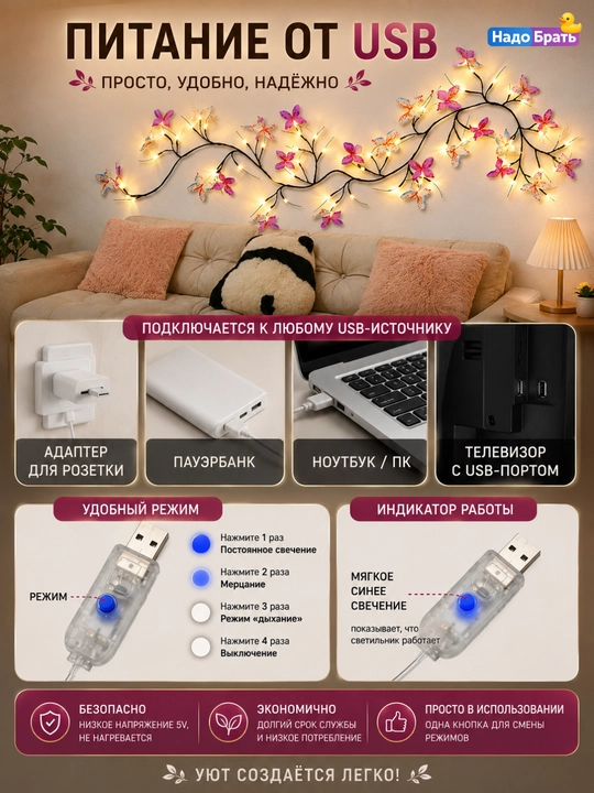 Devor chirog‘i "Gulliy shaftoli novdasi", 96 LED, egiluvchan, USB