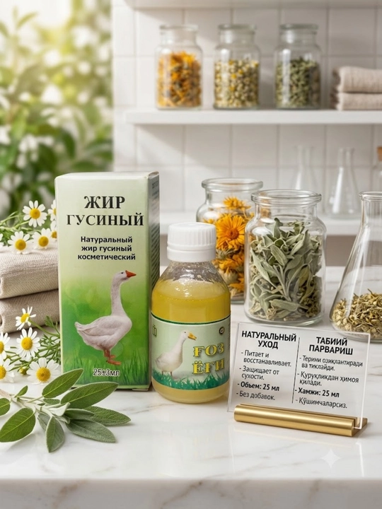 Gʻoz yogʻi 25 ml, tabiiy, tozalangan, kuyishga qarshi, bo‘g‘imlar va nafas yo‘llari uchun