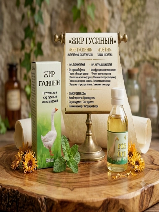 Gʻoz yogʻi 25 ml, tabiiy, tozalangan, kuyishga qarshi, bo‘g‘imlar va nafas yo‘llari uchun