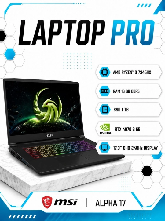 Ноутбук MSI Alpha 17 Ryzen™ 9 7945HX RAM 16 GB DDR5 SSD 1 TB RTX 4070 8 GB 17.3″ QHD 240Hz - 