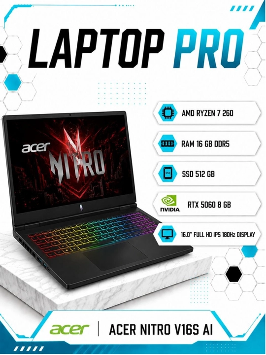 Ноутбук Acer Nitro V16S AI, Ryzen 7 260,16.0 FHD IPS 180Hz,RTX 5060/8GB RAM 16DDR5/512GB - 