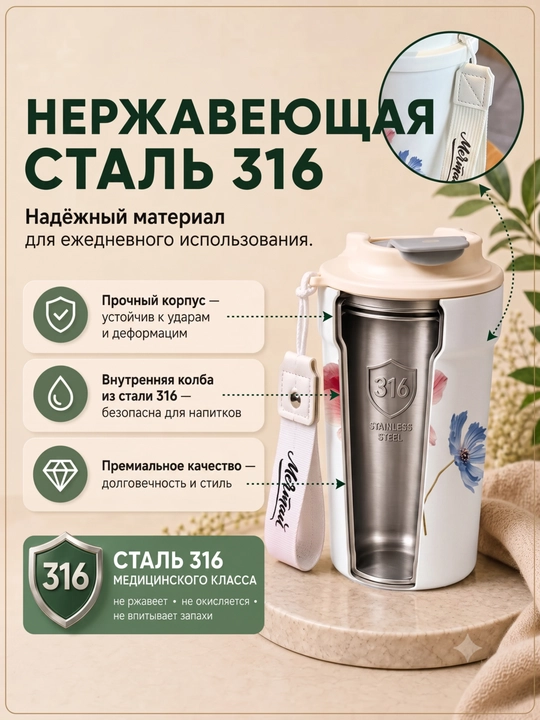 Kofe va choy uchun zanglamaydigan po‘latdan yasalgan 316 s termokranka (jo‘mrakli), 500 ml