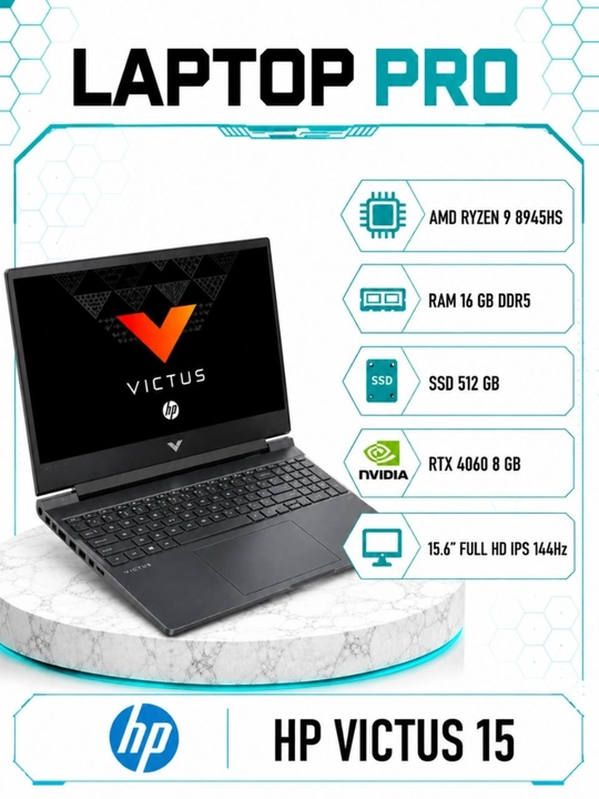 Ноутбук HP Victus 15 R9-8945HS, 16GB DDR5, 512GB SSD 15.6" FHD IPS 144 Hz, RTX 4060 8GB - 