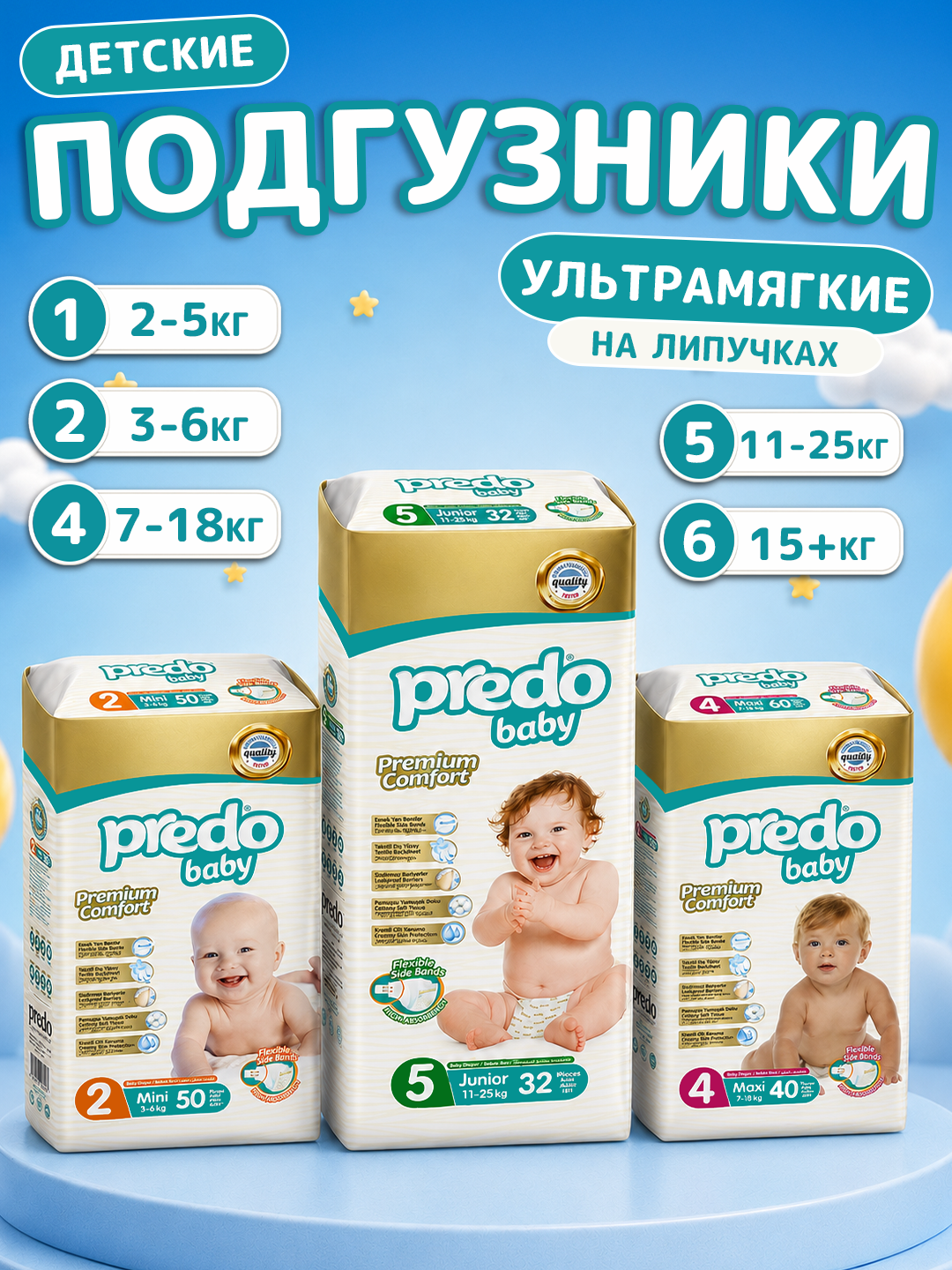 Predo Baby детские подгузники на липучках – мягкие, гипоаллергенные, размеры 1-6