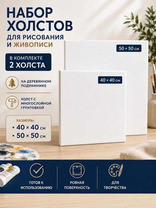 Набор холстов на деревянном подрамнике, грунтованные, хлопок 100%, готовы к использованию - 
