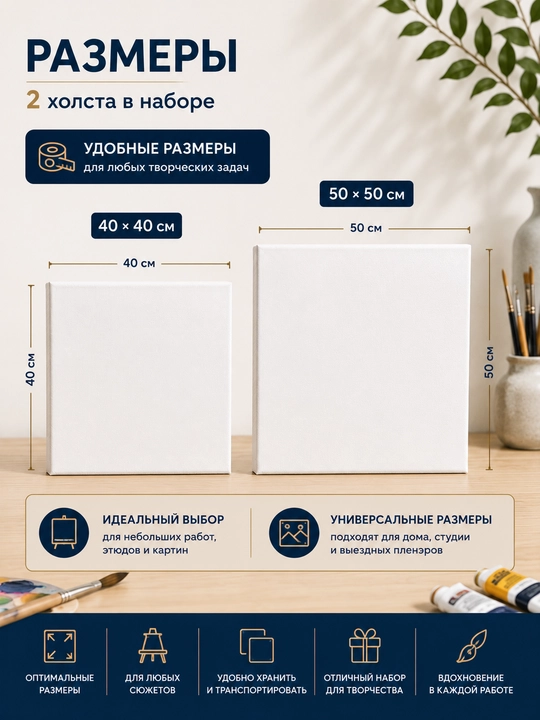 Набор холстов на деревянном подрамнике, грунтованные, хлопок 100%, готовы к использованию