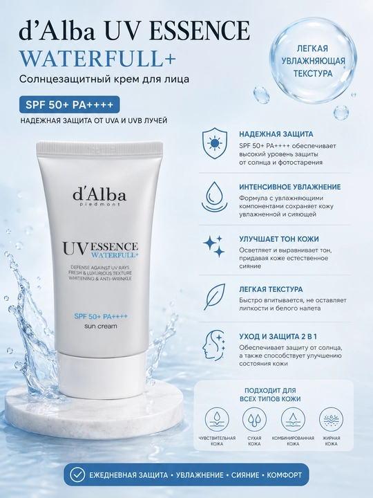Yuqori himoya koeffitsiyenti SPF 50+ bo‘lgan d’ Alba UV Essence Waterfull+ quyoshdan himoyalovchi essensiyasi - 