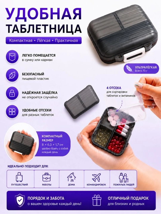 Таблетница на 4 секции – компактный органайзер для таблеток и витаминов - 