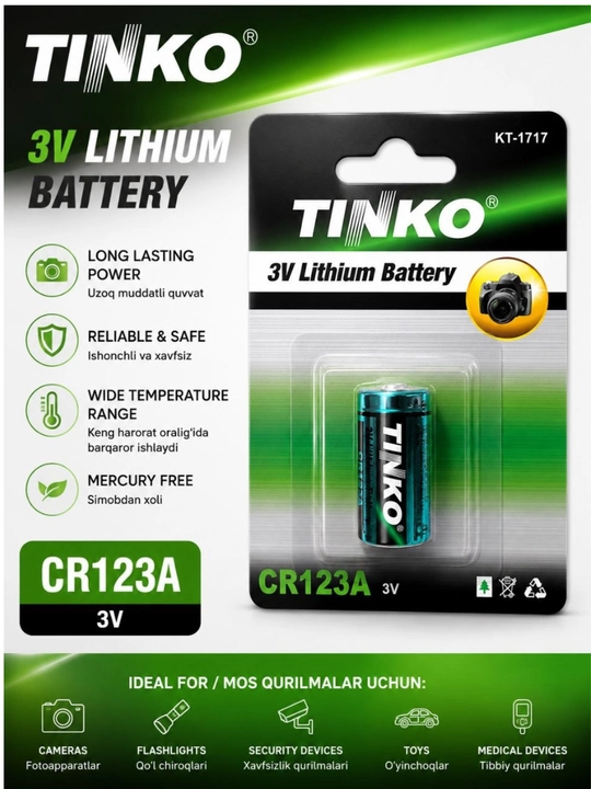 Silindrsimon lityum batareyalari Tinko CR123A (3v, 1 dona) - 