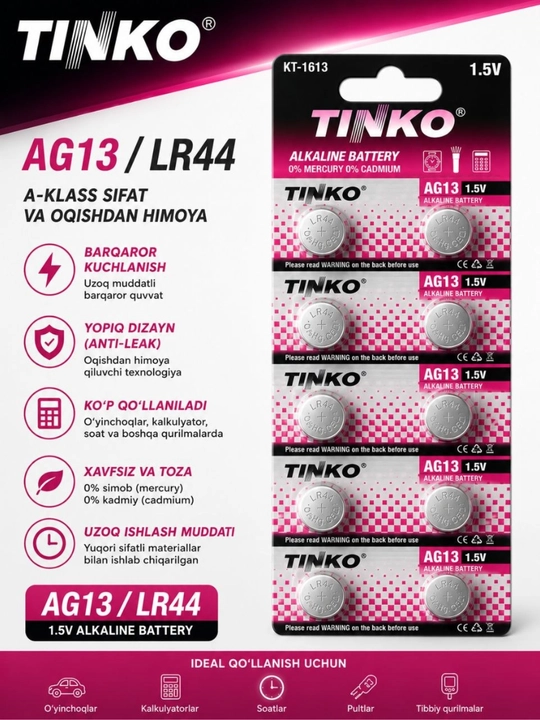 Tugmali batareya markasi Tinko AG 13 LR44, A76 1.5V, 10 dona - 