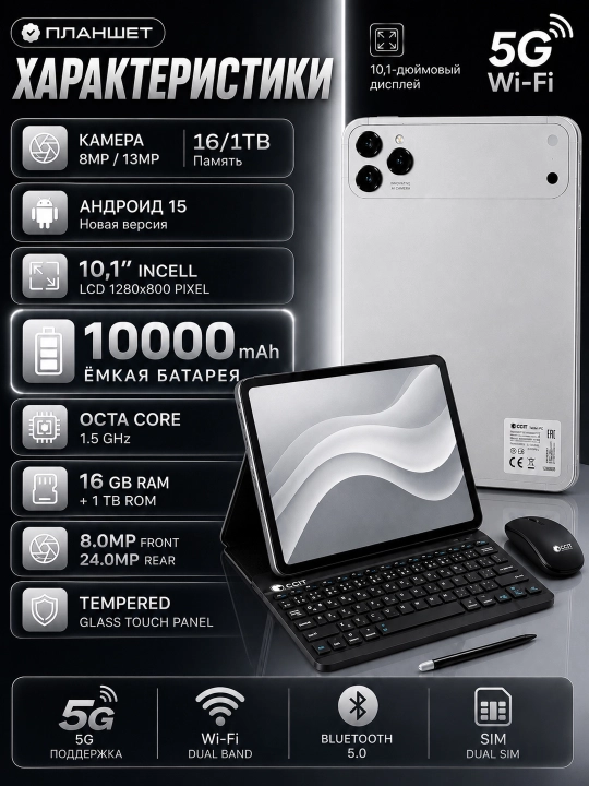 Смарт-планшет CCIT Tab G17 Pro — память 16 ГБ / 1 ТБ, интернет 5G, поддержка 2 SIM-карт