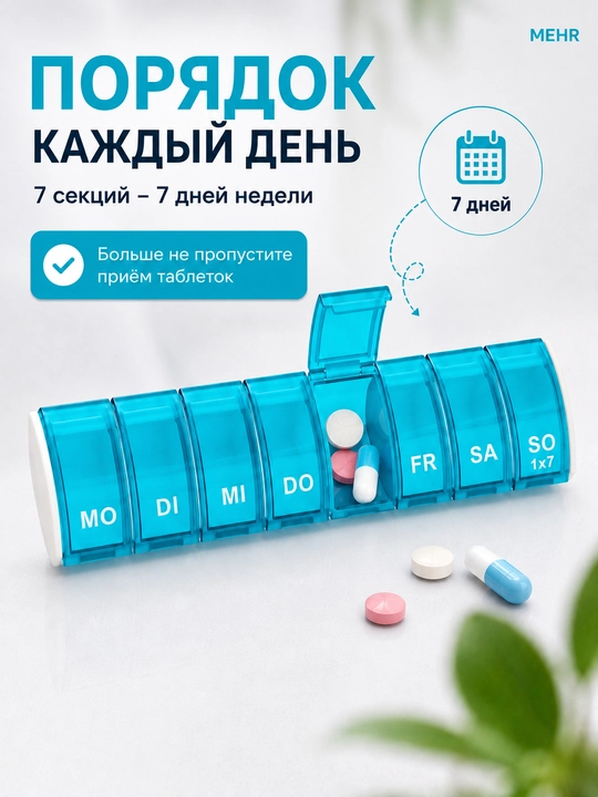 Таблетница органайзер контейнер неделька для хранения таблеток утро, день и вечер 7 дней