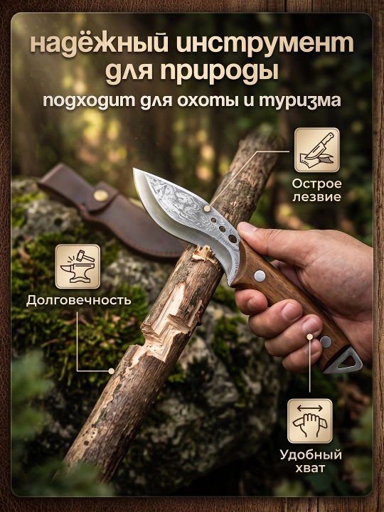Taktik ov va turistik pichoq gʻilof bilan, naqshinkor poʻlat tigʻli pichoq