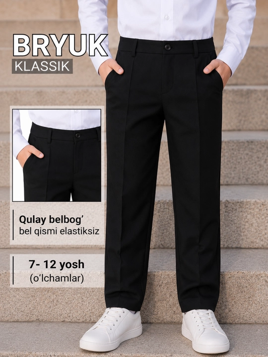 O‘g‘il bolalar uchun klassik bryuk, maktab shimlari, polyester, , 7–12 yosh - 