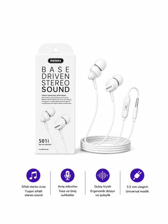 Remax RM-501i simli quloqchin, mikrofonli, Stereo Sound, Super Bass - 