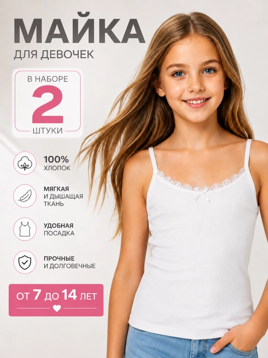 Qizlar uchun mayka, 100% paxta, dantelli, 2 dona to‘plam, 7–14 yoshga mos va yumshoq - 