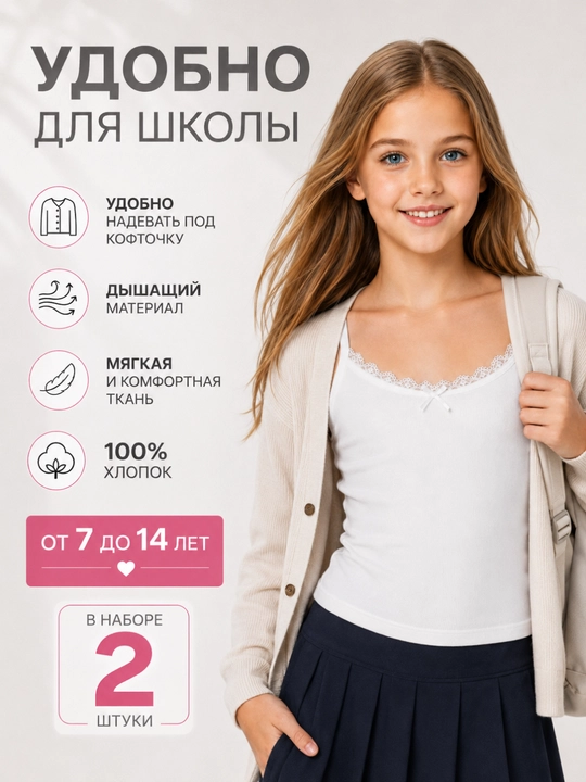 Майка для девочек, для школы 100% хлопок, кружево, комплект 2 штуки, возраст 7–14 лет