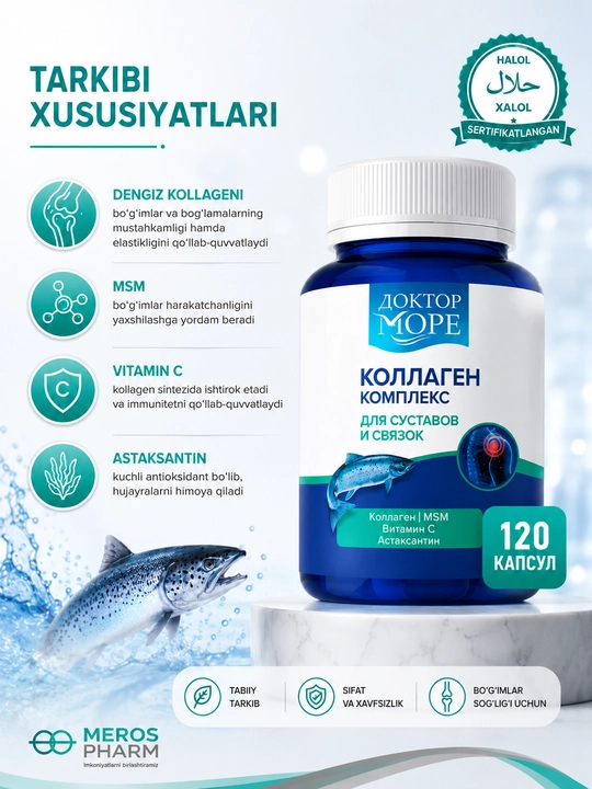 Doktor More teri, soch va bo‘g‘imlar uchun kollagen kompleksi, 120 kapsula, 0.45 mg - 