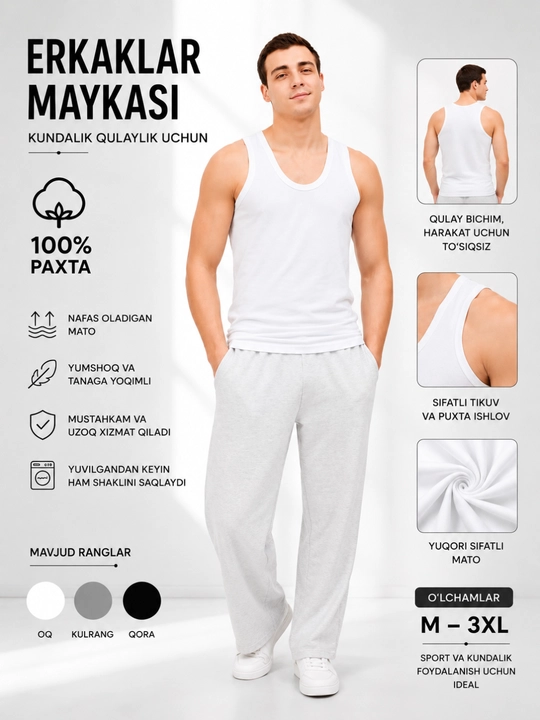 Erkaklar maykasi – 100% paxta, oq erkaklar maykasi — yumshoq va qulay