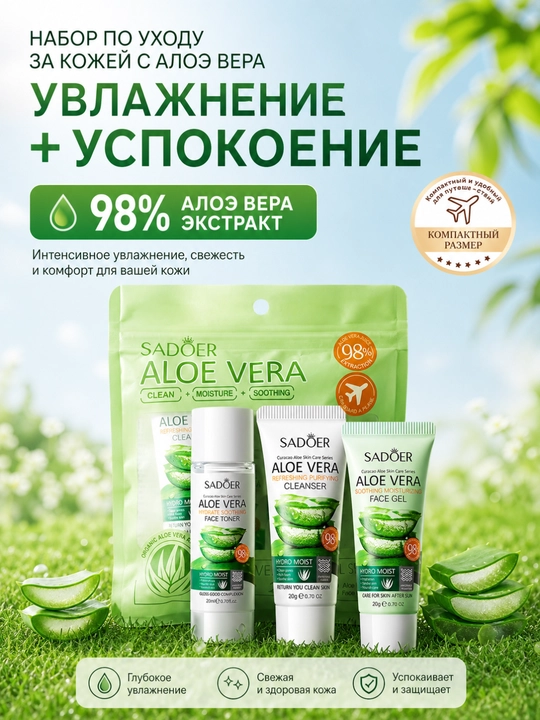 Aloe asosidagi sayohat uchun teri parvarishi to‘plami: tozalash, toniklash va namlantirish - 