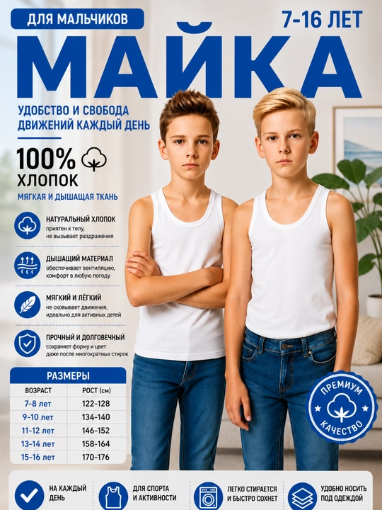 Майка для мальчиков — 100% хлопок. Детская майка. Мягкая и удобная
