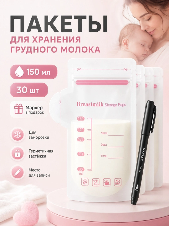 Пакеты для хранения и заморозки грудного молока, 30 шт - 