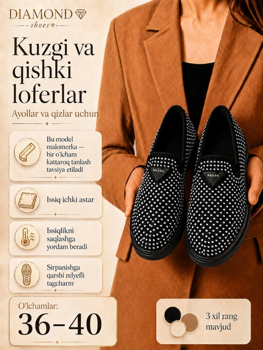 Ayollar va qizlar uchun kuzgi va qishki loferlar, bir o‘lcham kattaroq tanlang - 