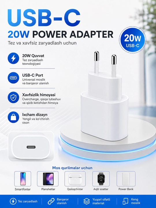 Сетевой адаптер USB-C 20W, быстрое зарядное устройство Type-C - 