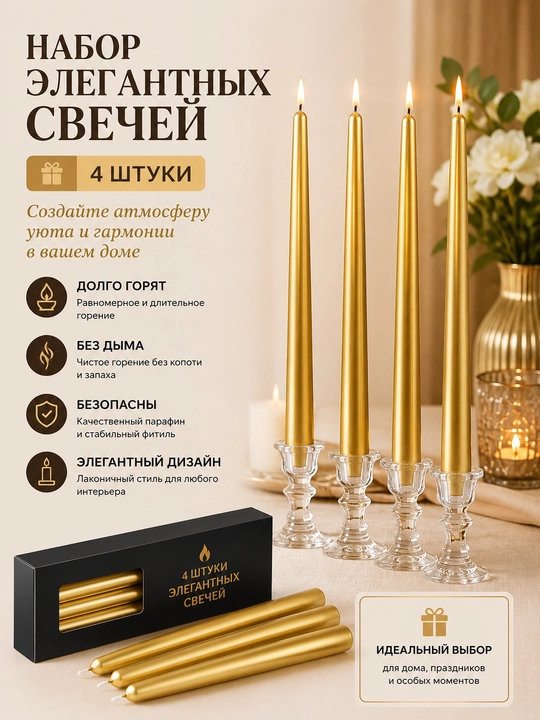 Набор элегантных свечей, 4 шт, долго горят без дыма - 