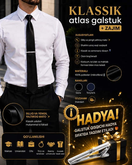 Klassik galstuk va bepul galstuk zajimi, erkaklar va ayollar uchun, standart - 