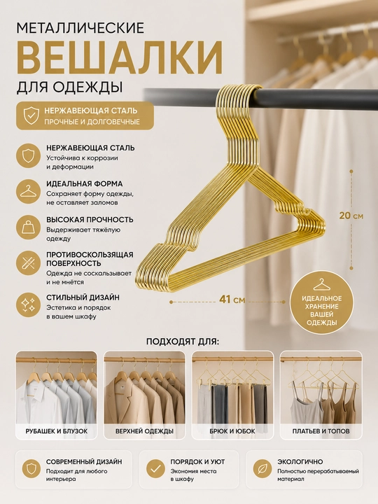 Вешалки для одежды металлические 41x20 см, нержавеющая сталь - 
