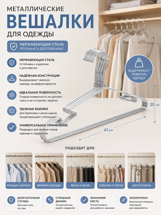 Вешалки для одежды металлические 41x20 см, нержавеющая сталь - 