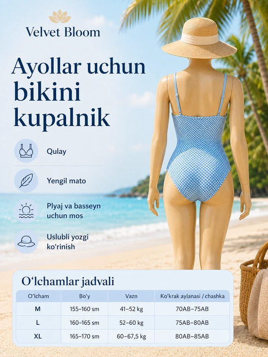 Ayollar va qizlar uchun cho‘milish kiyimi, malomerka, rasmdagi jadvalga qarang