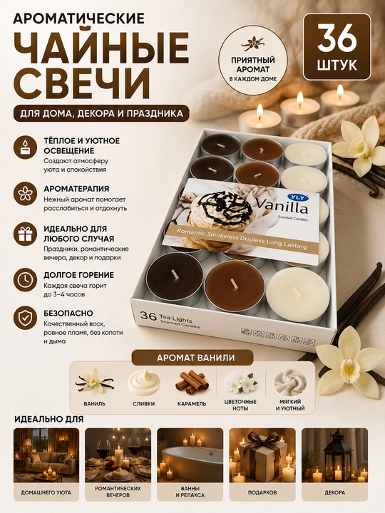 Xushbo‘y choy shamlari (36 dona) - uy, bezak va bayram uchun - 