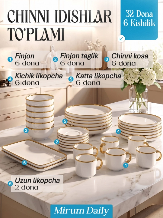 Набор столовой посуды Mirum Daily, фарфор, 32 предмета, на 6 персон