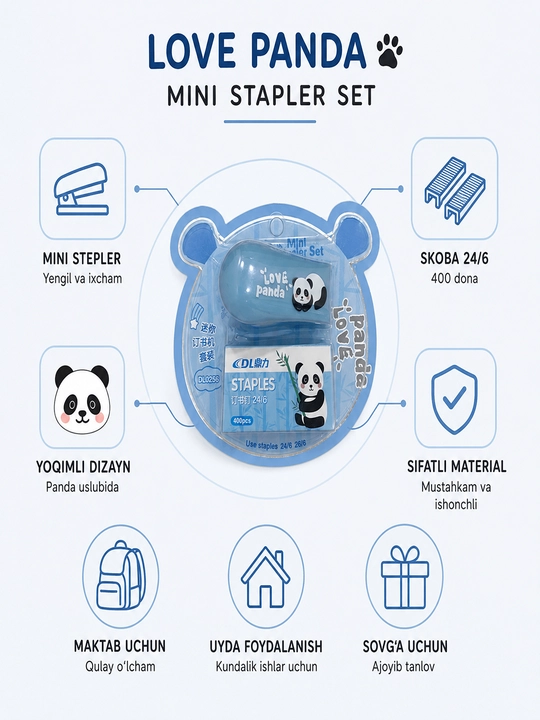 Mini Stapler set love pandali #DL0256 skoba toplami bilan  stepler maktab va ofis uchun