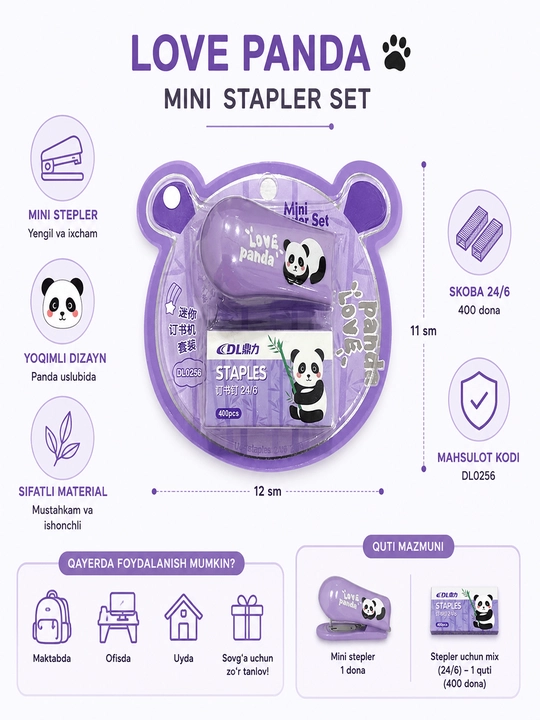 Mini Stapler set love pandali #DL0256 skoba toplami bilan  stepler maktab va ofis uchun